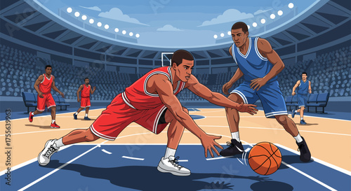 Intense Basketball Game Players Dribbling and Defending on the Court.