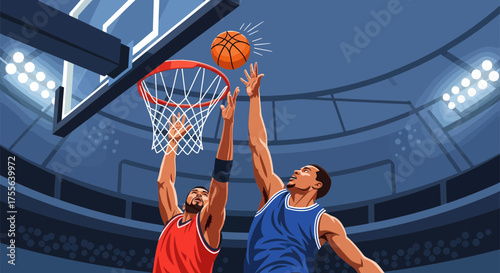 Intense Basketball Game Players Competing for the Ball Near Hoop.