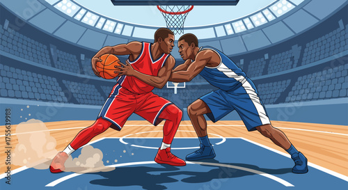 Intense Basketball Match Two Players Face Off on the Court.