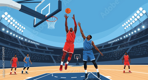Basketball Players Compete for Ball in Stadium.