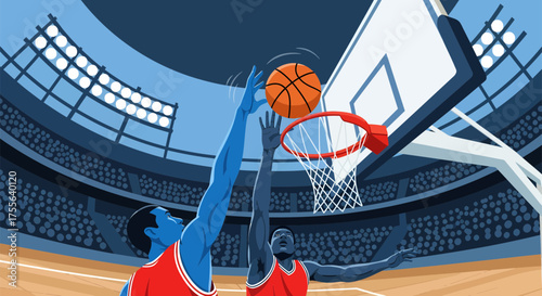 Basketball players competing for a rebound during a game.