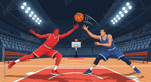 Basketball Players Competing for the Ball in a Stadium.