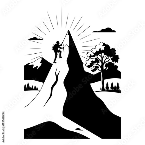 Black and White Mountain Climber Illustration with Radiating Sunlight