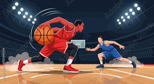 Basketball Players in Intense Game Action on Court.