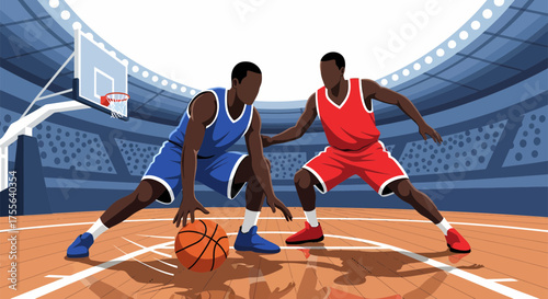 Intense Basketball Game Two Players in Action on the Court.