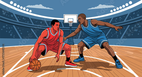 Intense Basketball Match Two Players in Action on the Court.