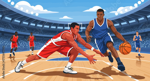 Intense Basketball Match Player Dribbling Past Defender.