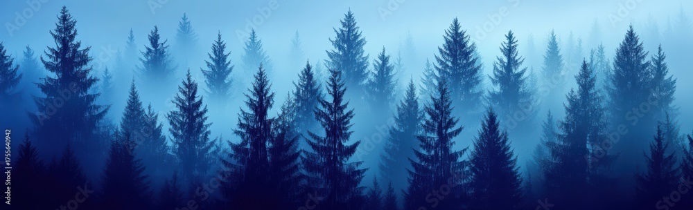 Obraz premium Serene pine forest illustration capturing the tranquil beauty and calm essence of nature's landscapes in blue hues