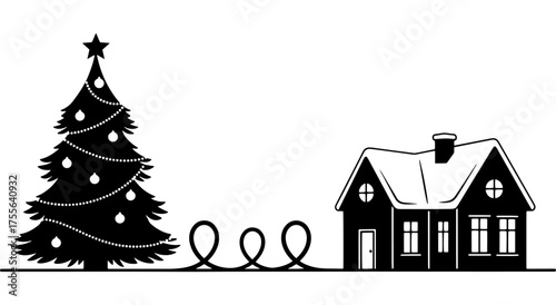 A perfect holiday marketing image for real estate, home decor, or construction businesses. This house and Christmas tree represent the concept of a 'dream home' or 'holiday home'. Business logo.