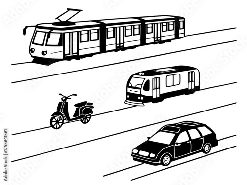 Monochrome Urban Transport Set

A minimalist illustration on a white background showing six black silhouettes of urban transport vehicles — a tram, a taxi, a scooter, a subway train, a bus, and a bicy