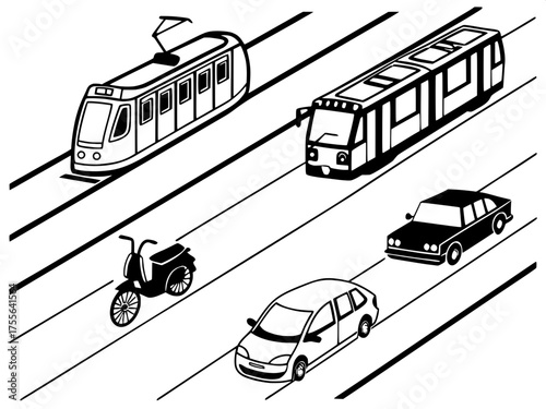 Monochrome Urban Transport Set

A minimalist illustration on a white background showing six black silhouettes of urban transport vehicles — a tram, a taxi, a scooter, a subway train, a bus, and a bicy