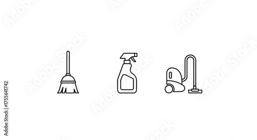 Simple line icons representing cleaning tools for a spotless home