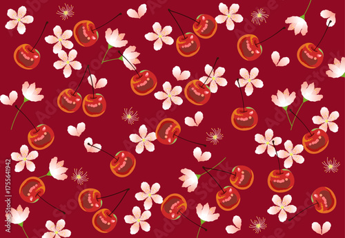 さくらんぼの花と赤い実の芳醇な壁紙