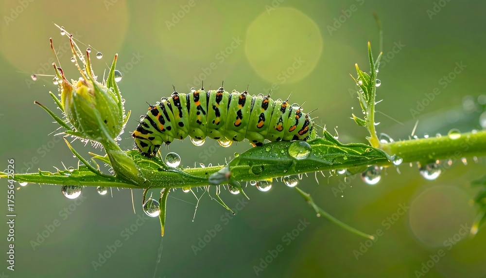 Naklejka premium Green caterpillar with black and yellow spots rests on a dewy plant stem against a bokeh green background