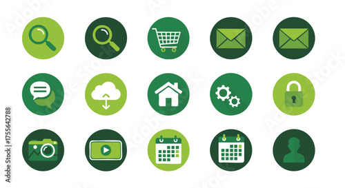 Comprehensive collection of modern green interface icons for web and mobile applications, featuring essential digital symbols for user experience and graphic design projects