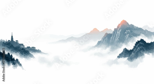 Ancient Chinese ink wash painting of misty mountains with traditional village buildings