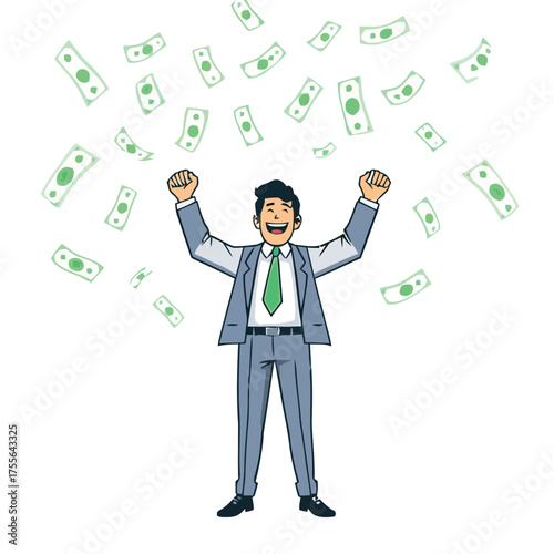 Happy businessman celebrates success standing under money bills falling on him
