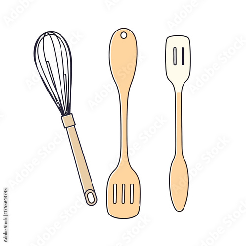 A set of kitchen utensils whisk, spoon, spatula