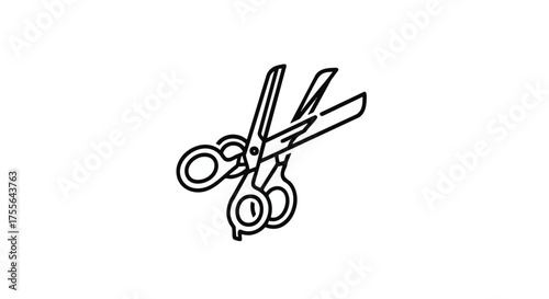 Minimalist illustration of open scissors in black outline, ideal for design projects and visual representation of cutting or crafting