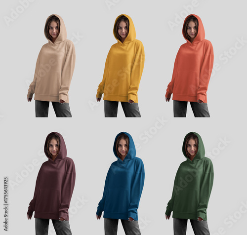Mockup of bright colored long hoodies with pocket, sweatshirt on girl, front view, in gray jeans, isolated on background. Set