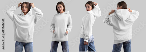 Mockup of a white long oversized hoodie on a girl in blue jeans, isolated on a background, front, side, back view. Set