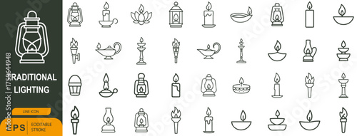 Traditional Lighting Icon Set – 36 Line Style Symbols for Lanterns, Oil Lamps, and Cultural Illumination