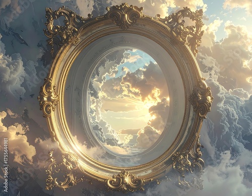 Ornate gilded frame floats amidst fluffy white clouds revealing a serene, sunlit sky within its oval center