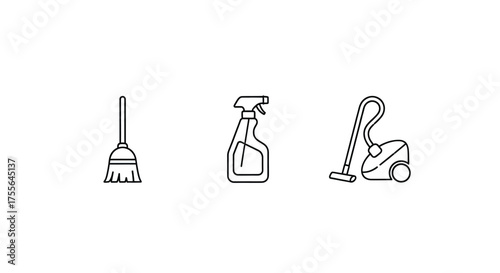 Simple line icons for cleaning tools: broom, spray bottle, and vacuum cleaner.