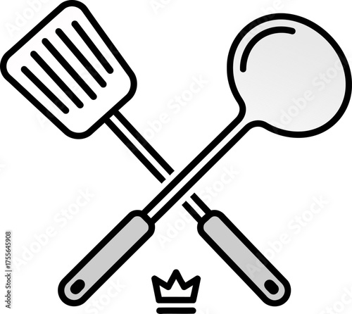 Crossed spatula and ladle with a crown logo. Culinary emblem for a master chef or a gourmet restaurant
