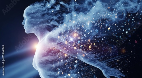 Figure dissolves into energy, light flares. Digital art, blue tones