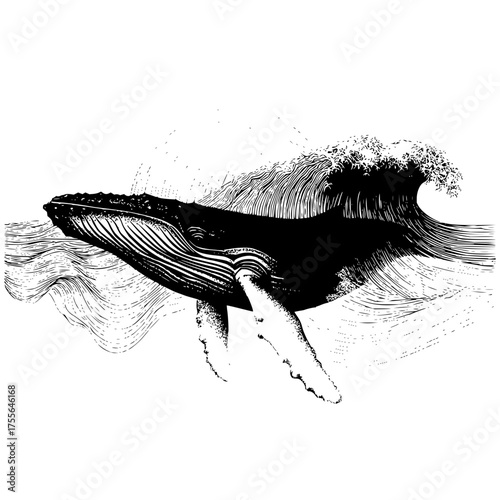 Whale in ocean waves illustration black and white drawing humpback whale marine life ocean art sea animal artwork 100
