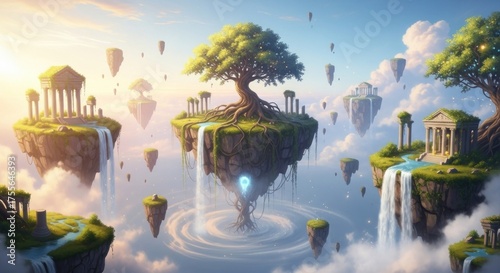 Floating islands with temples, trees, waterfalls, fantasy landscape scene