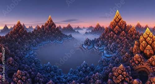 Fractal landscape fractal mountains, fractal valleys, fog, sunset