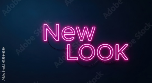Pink neon 'New Look' text glowing against a dark teal, blurred background
