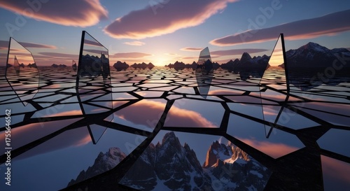 Fractured landscape with scattered mirrors reflecting sky, mountains, and horizon