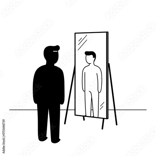 Man looking in mirror – distorted self-perception and inner reflection, silhouette on transparent background