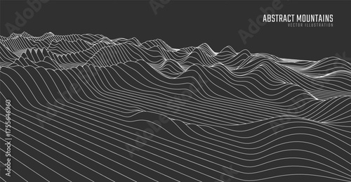 Contour mountain landscape. Waved line art. Abstract minimal topographic map. Contour lines with elevations and terrain depth. Vector illustration.