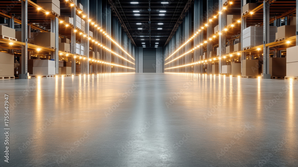 Fototapeta premium Futuristic warehouse interior with bright lights illuminating storage shelves, creating vibrant