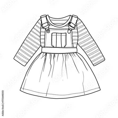Line art drawing of a baby girls outfit featuring a striped long sleeve shirt paired with a pinafore dress with a pocket detail.