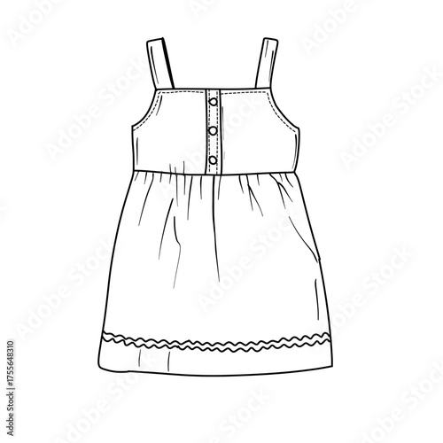 A minimalist black and white line art illustration of a childs sleeveless dress, featuring a button-down bodice and a gathered skirt with a decorative trim along the hem.