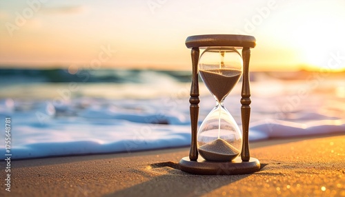 Hourglass on beach at sunset; time flowing