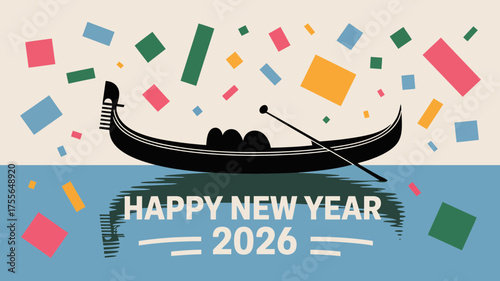Happy new year 2026 with a gondola and confetti floating on the water in venice