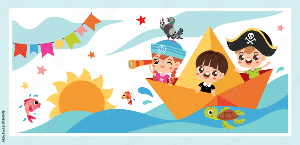 Naklejka premium Kids Sailing On Origami Boat
