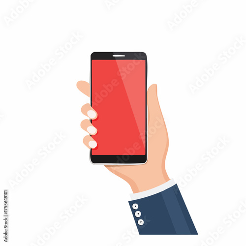 Female hand shows smartphone with blank red display. Woman hold cell phone in arm. Presentation template for mobile application or service. Touch screen gadget flat design. Vector EPS8 illustration.