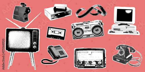 Collage elements with hand-cut shapes and a halftone effect. Vintage vector set. VCR, camera, projector, cassette, film, radio, TV, computer, telephone. Advertising packaging.