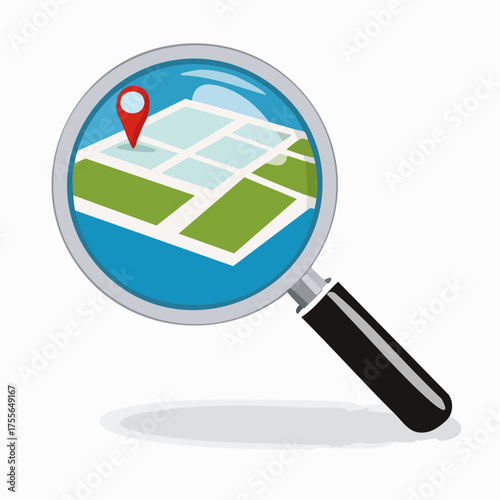 Map inside magnifier flat icon. Magnifying glass with handle zooming fragment of a navigational map focused on gps symbol. Colored vector eps8 illustration.