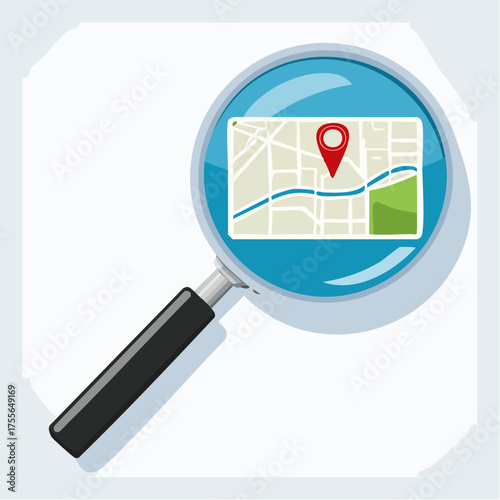 Map inside magnifier flat icon. Magnifying glass with handle zooming fragment of a navigational map focused on gps symbol. Colored vector eps8 illustration.