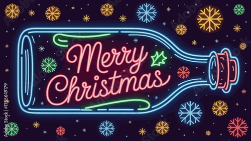 Festive merry christmas message written in glowing neon lights inside a bottle surrounded by colorful snowflakes and stars