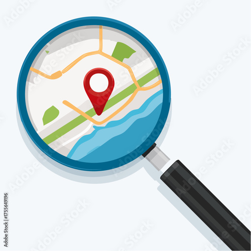 Map inside magnifier flat icon. Magnifying glass with handle zooming fragment of a navigational map focused on gps symbol. Colored vector eps8 illustration.
