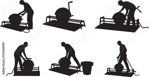Construction worker operating concrete cutting machine, industrial road work equipment, heavy labor silhouette illustration, flat vector design